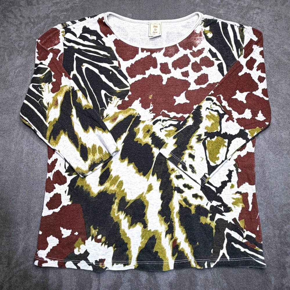 Vtg Jess & Jane Top Womens Medium Brown Animal Print 3/4 Sleeve Cotton Artsy USA